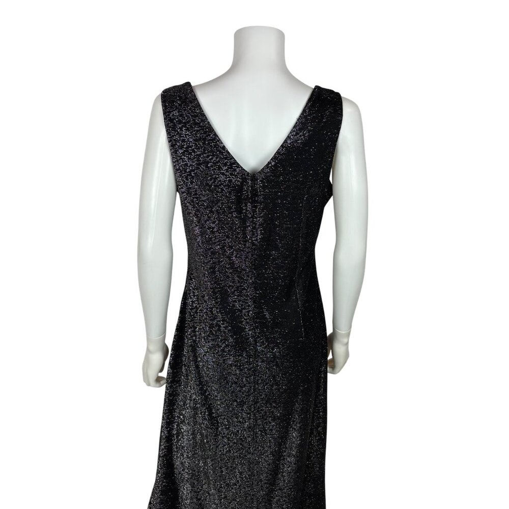 Vintage 70s Metallic Dress Womens Large Black Silver Lurex V Neck Midi Evening P - Picture 9 of 10